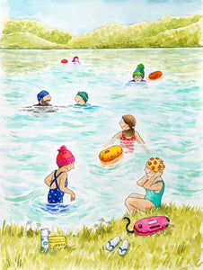 Taking a Dip - Original signed painting in watercolour and pencil crayon.