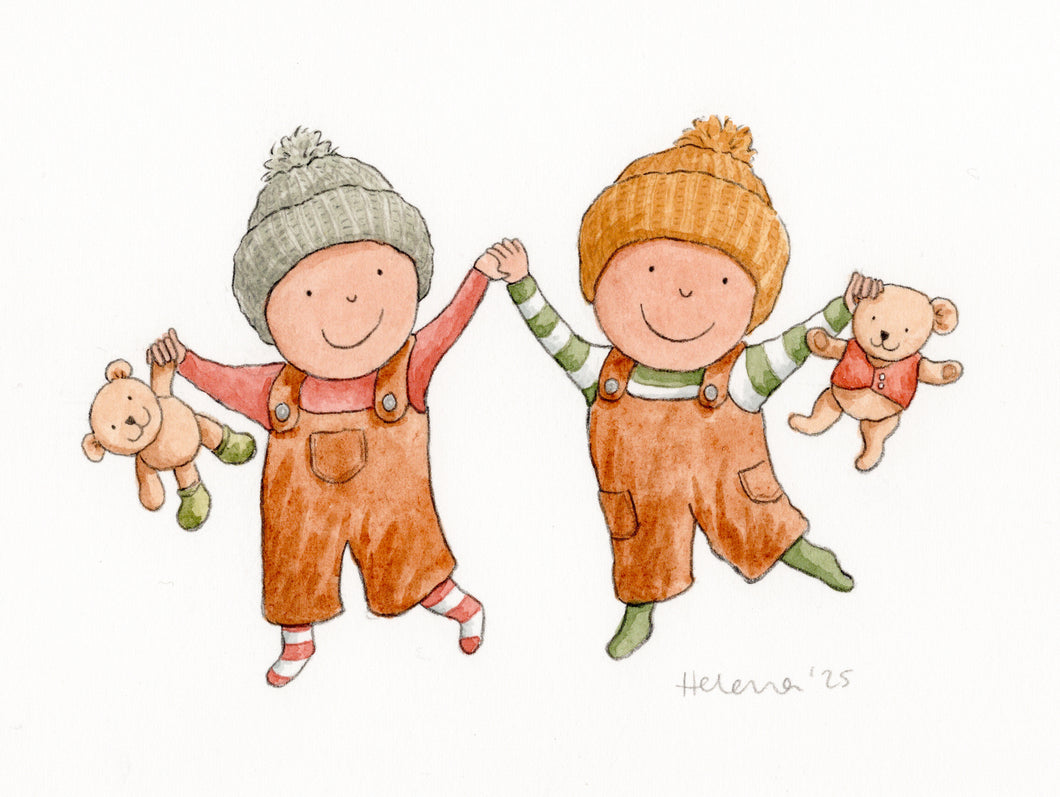 Twins - Original signed painting in watercolour and pencil crayon.