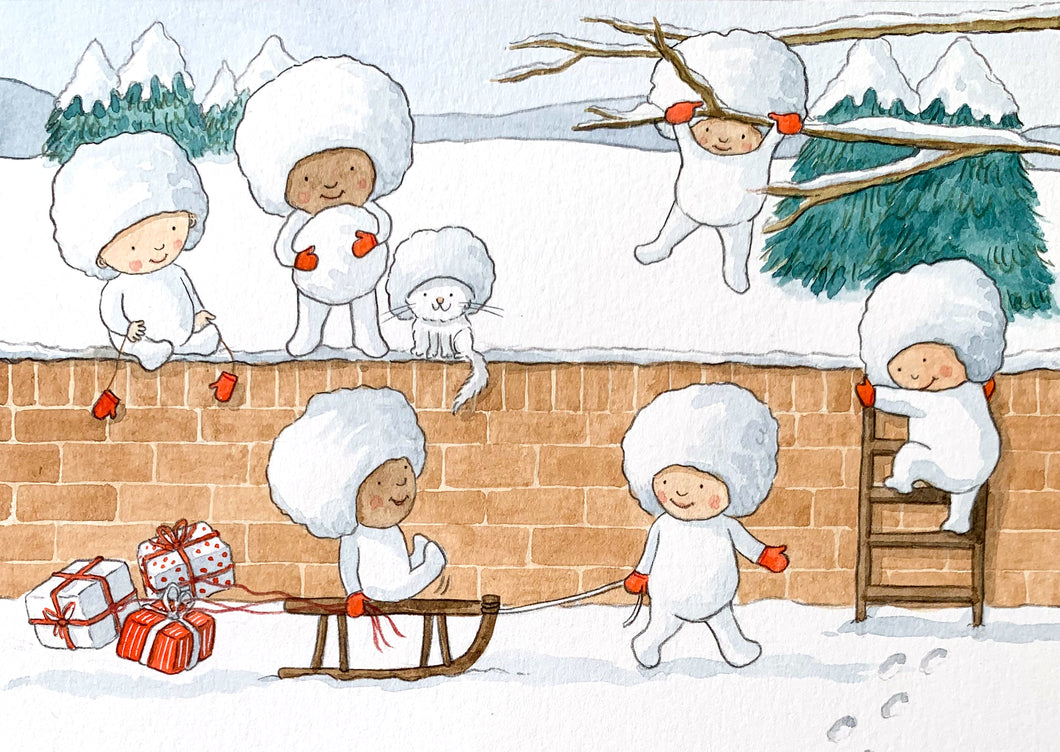 Baby Snowballs - Original signed painting in watercolour and pencil crayon.