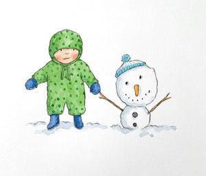 Little Snowman - Original signed painting in watercolour and pencil crayon.
