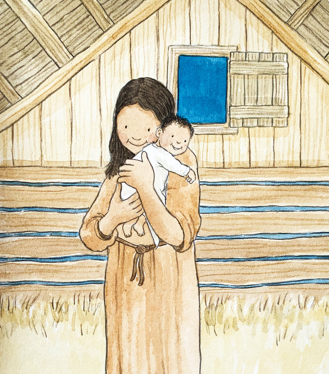 Mary & Jesus - Original signed painting in watercolour and pencil crayon.