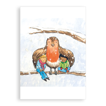 Load image into Gallery viewer, Pack of 5 printed Christmas cards - Keeping cosy with Robin

